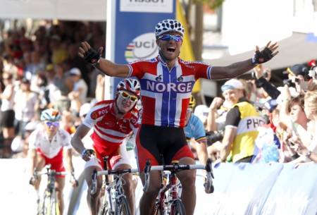 Thor Hushovd jubler VM-gull Geelong Australia 2010